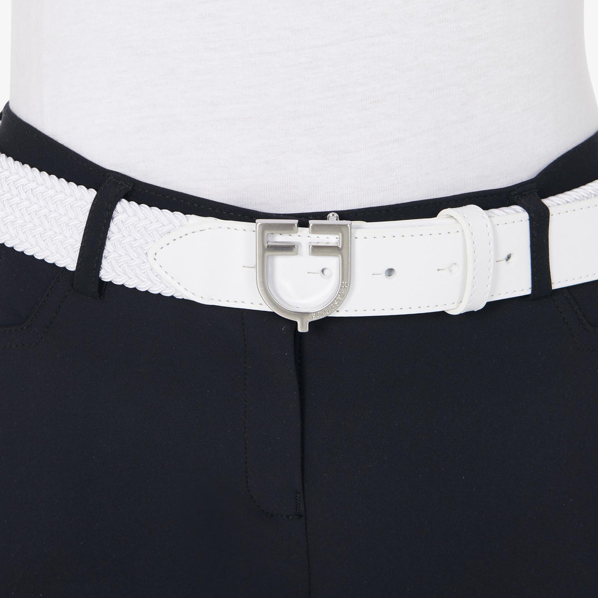 Equestro Leather Elastic Belt With Logoed Buckle #colour_white-silver