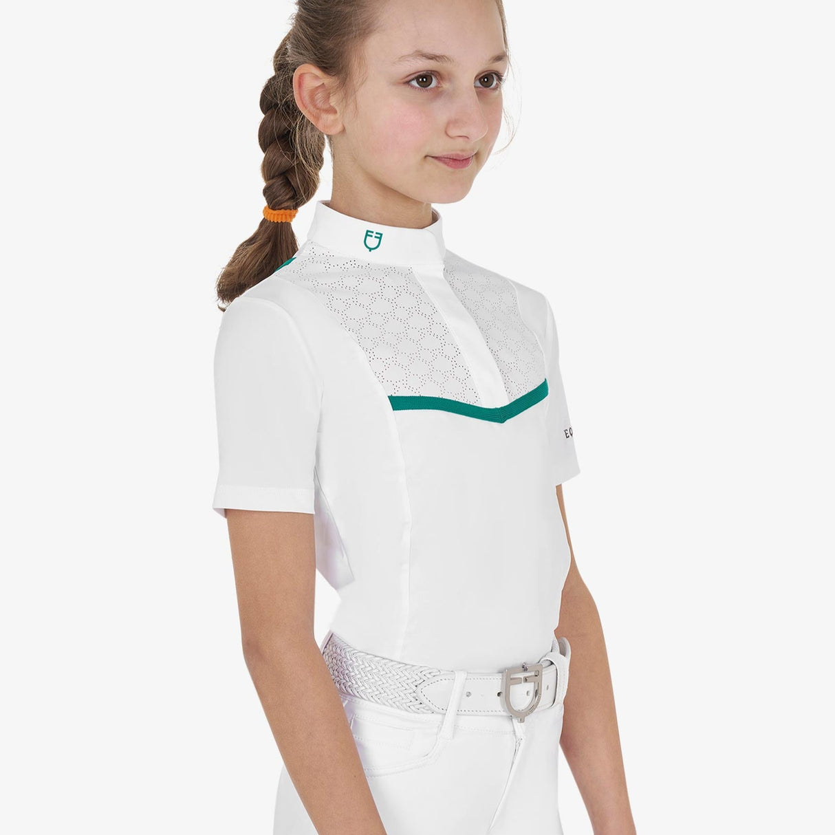 Equestro Girls' Slim Fit Competition Jacket With Chest Perforated Inserts #colour_green-white