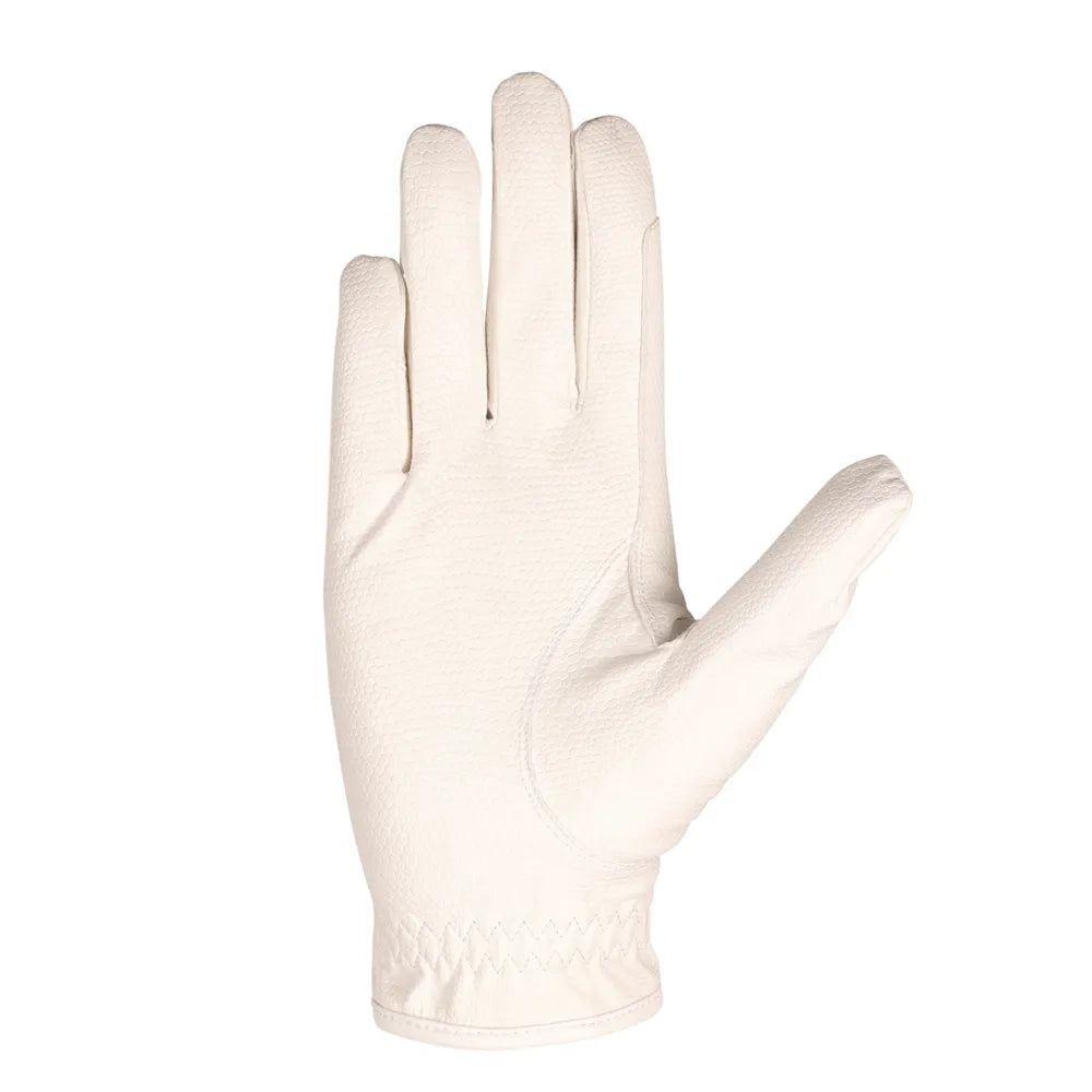 Hy Equestrian Shimmer Riding Gloves #colour_white-with-navy-rose-gold-diamantos