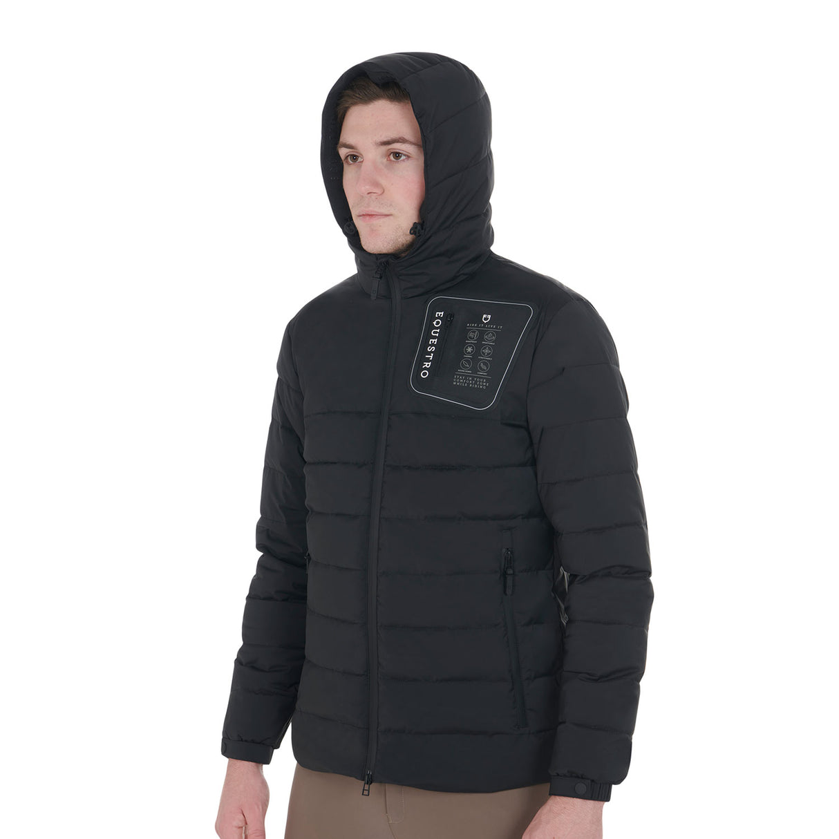 Equestro Men's Stretch Fabric Down Jacket Silicone Patch #colour_black