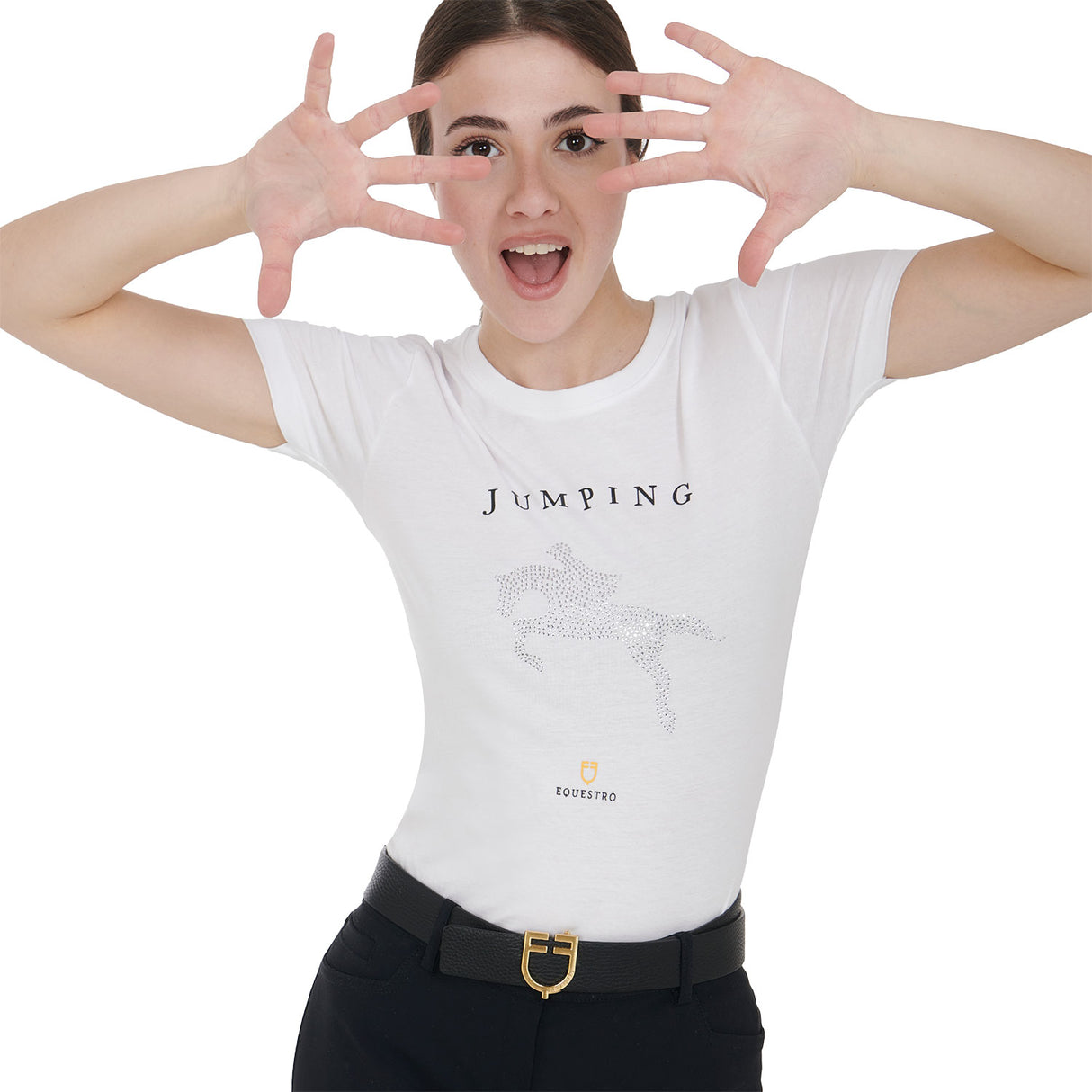 Equestro Women's Slim Fit T-Shirt Jumping With Rhinestone #colour_white