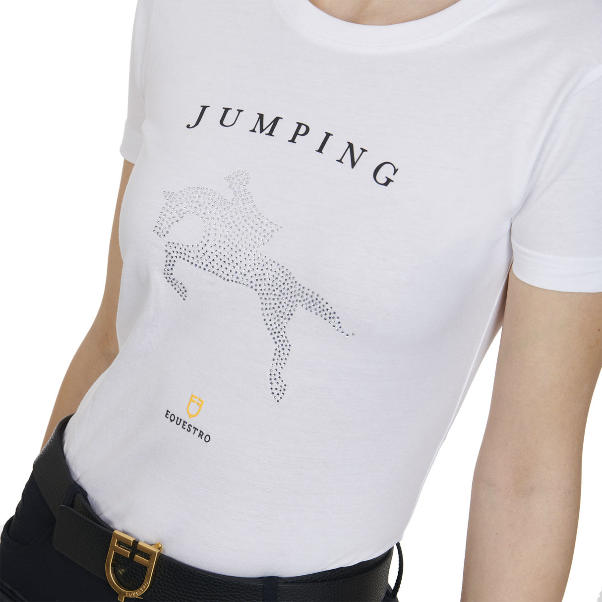 Equestro Women's Slim Fit T-Shirt Jumping With Rhinestone #colour_white