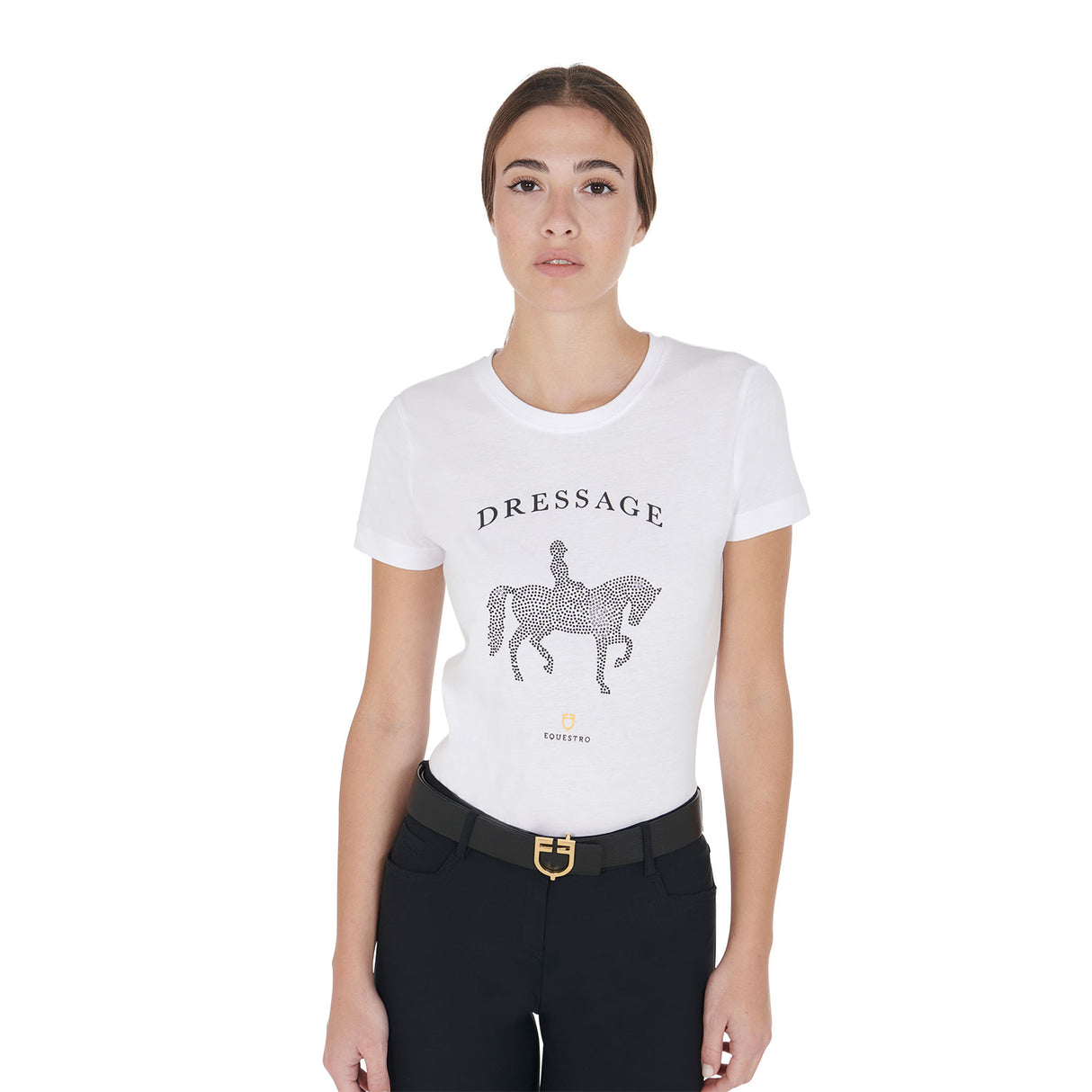 Equestro Women's Slim Fit T-Shirt Dressage With Rhinestone #colour_white