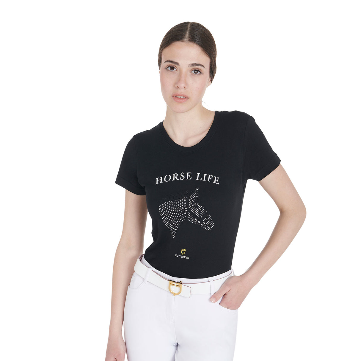 Equestro Women's Slim Fit T-Shirt Horse Life With Rhinestone #colour_black
