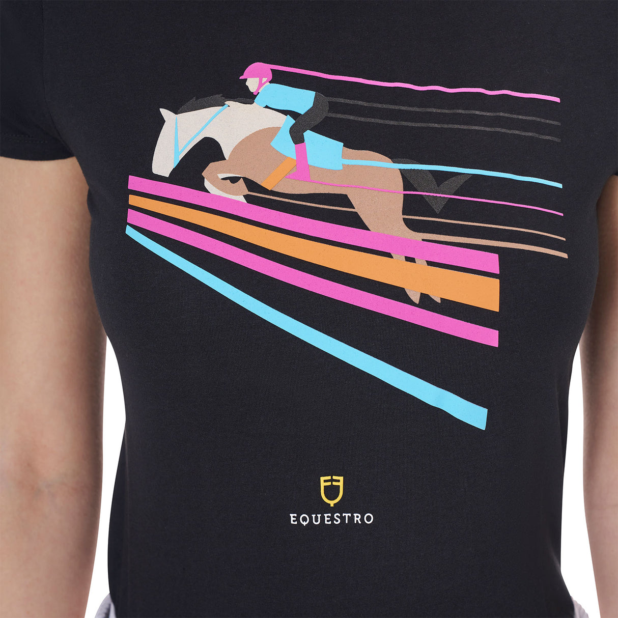 Equestro Women's Slim Fit T-Shirt With Colorful Jumping Design #colour_black