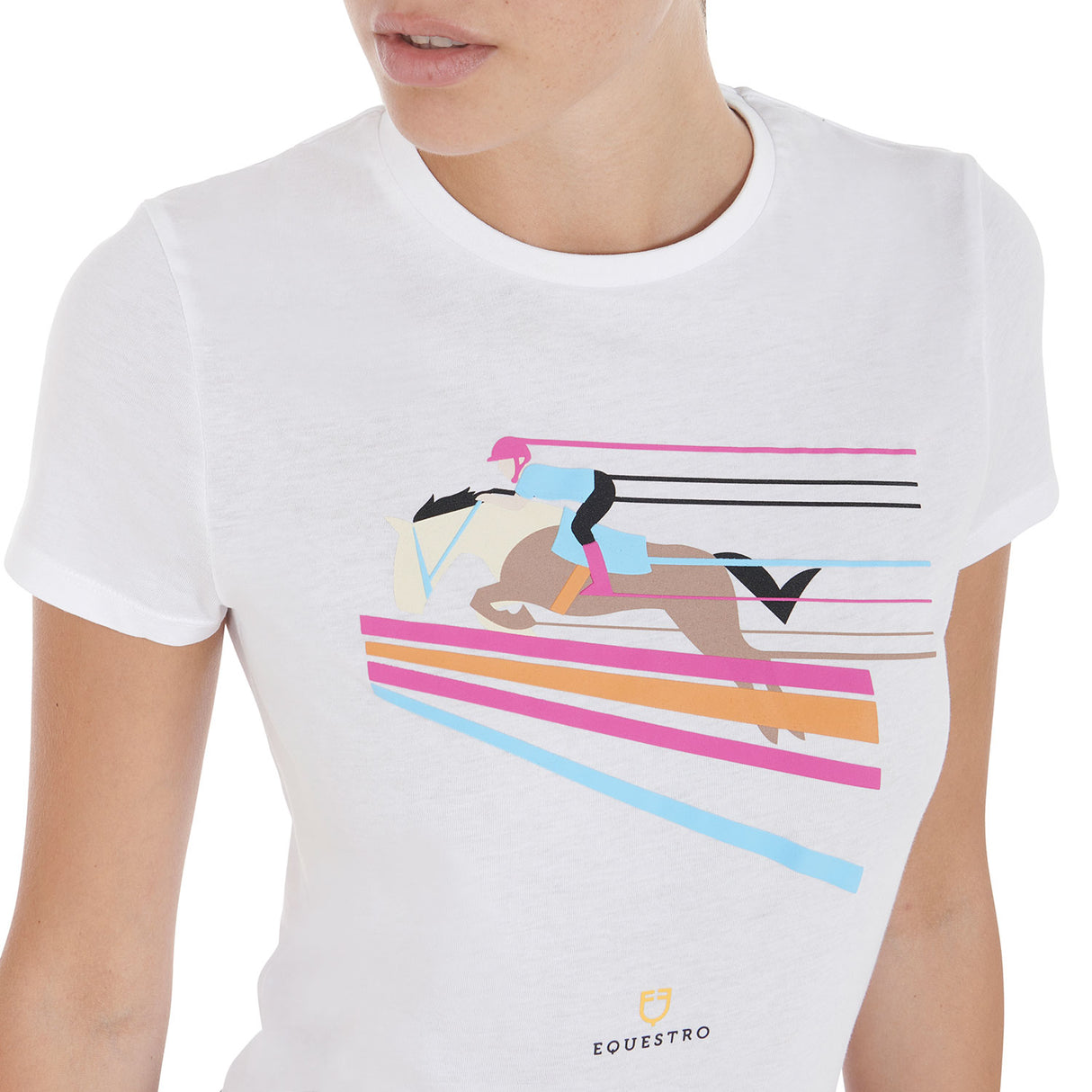 Equestro Women's Slim Fit T-Shirt With Colorful Jumping Design #colour_white