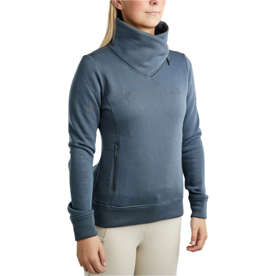 Montar MoNaja High Collar Sweatshirt with Gun Metal Crystal Logo #colour_dark-slate