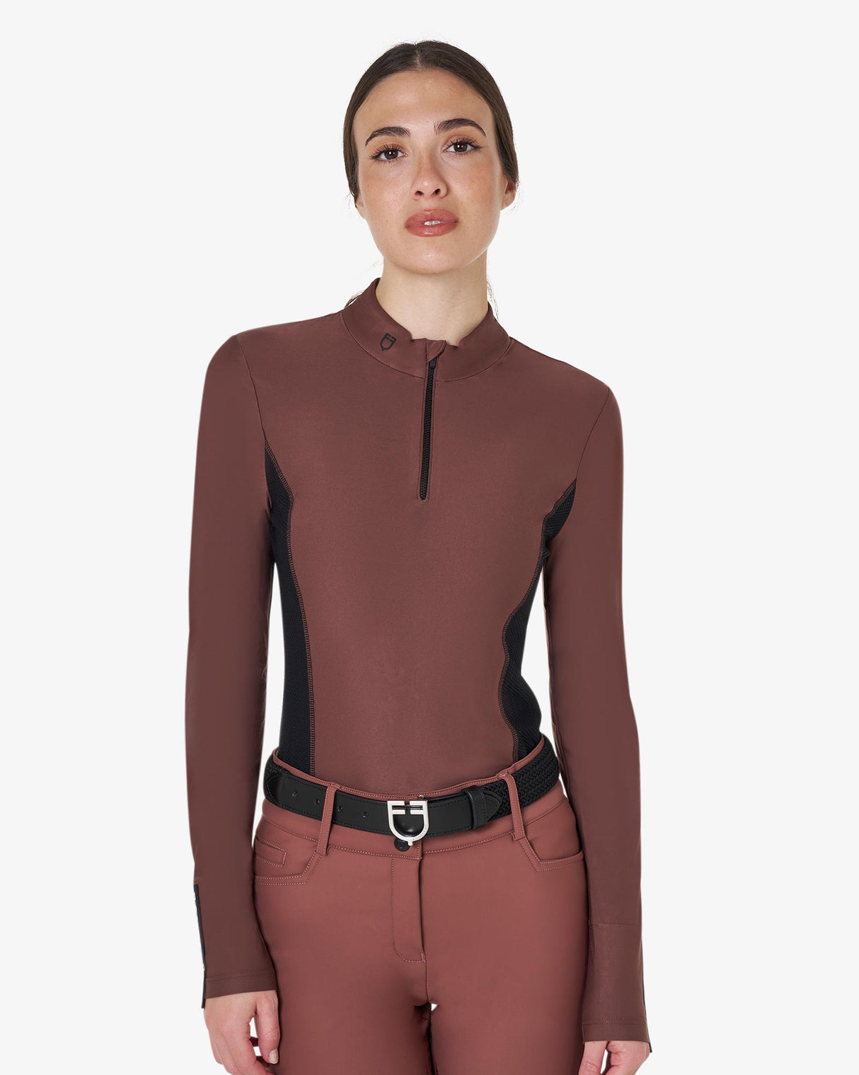 Women's long-sleeved training technical polo shirt - MARRON