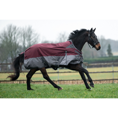 HKM 600D Fleece Lined High Neck Turnout Rug -Yukon- #colour_darkred-grey