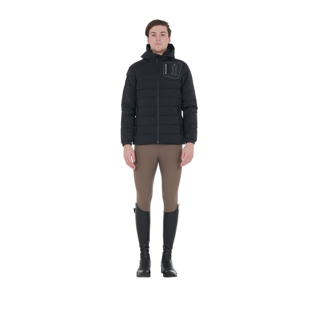 Equestro Men's Stretch Fabric Down Jacket Silicone Patch #colour_black