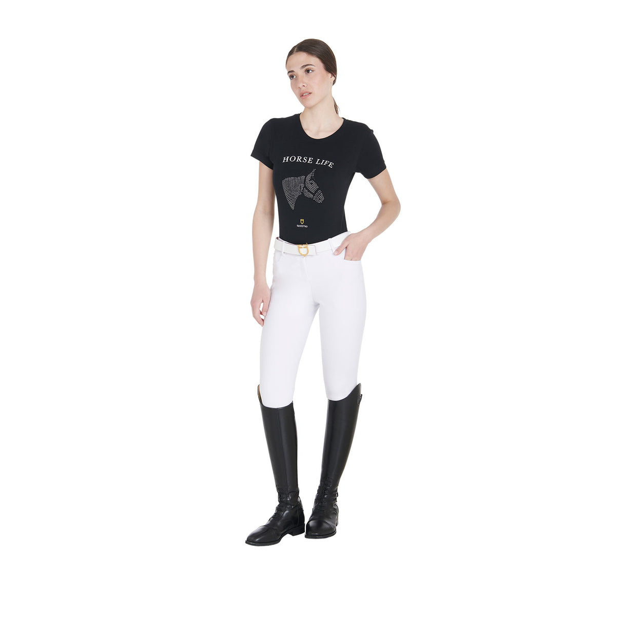 Equestro Women's Slim Fit T-Shirt Horse Life With Rhinestone #colour_black