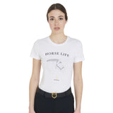 Equestro Women's Slim Fit T-Shirt Horse Life With Rhinestone #colour_white