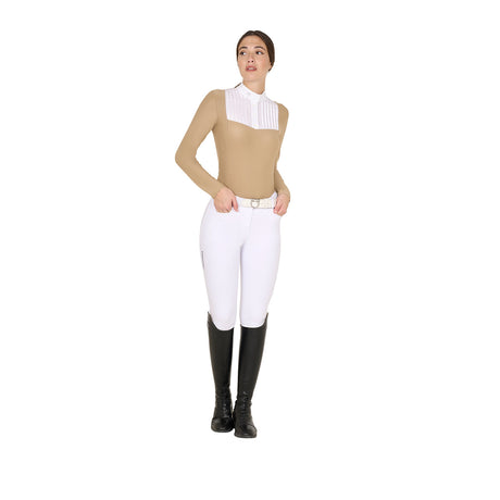 Equestro Women's Slim Fit Competition Polo Shirt Rhinestones #colour_beige