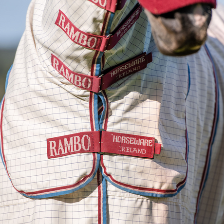 Horseware Ireland Rambo Optimo Supreme Summer Sheet #colour_navy-check-cherry-peach-blue